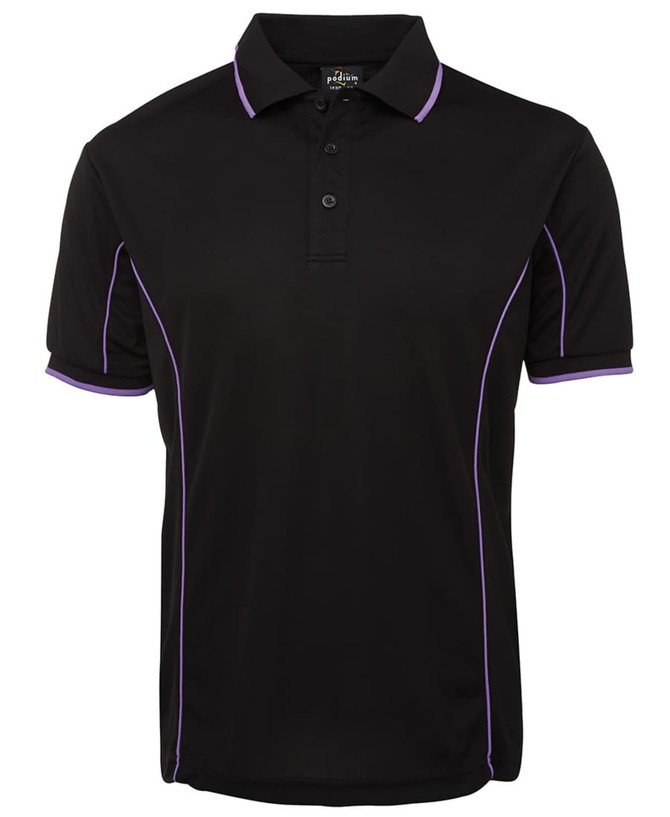 A black polo shirt featuring purple piping details and a three-button placket. It has a logo on the collar.