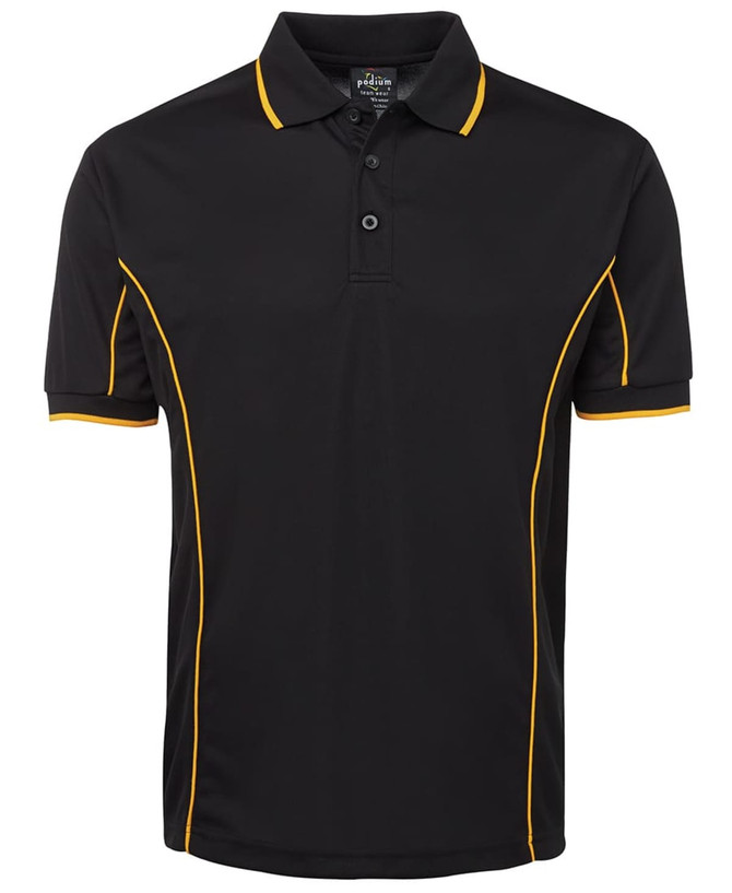 A black polo shirt with yellow piping, featuring a collar and a button placket, and a branded logo.