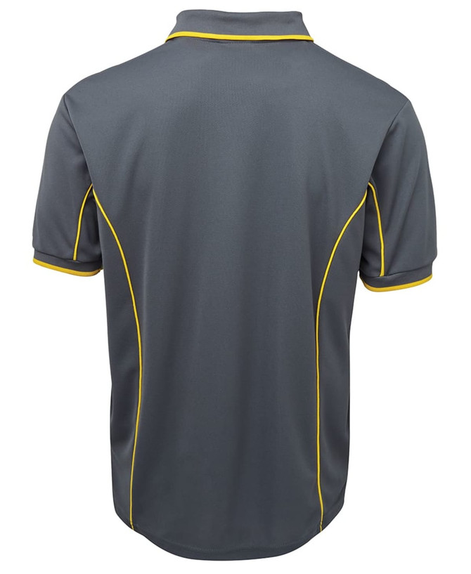 A grey polo shirt with yellow piping details, featuring a collar and short sleeves. It has a logo on the front.