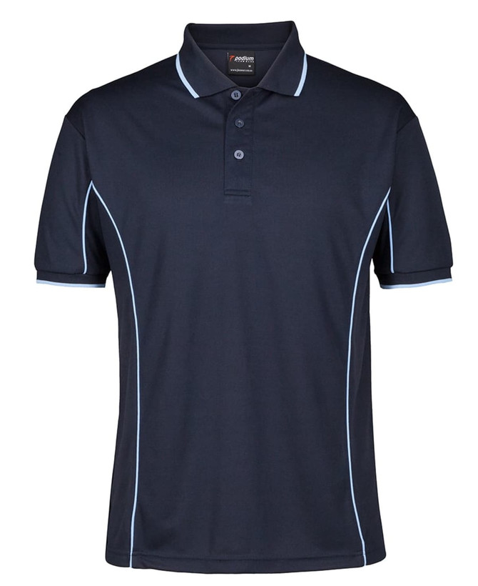 A navy blue polo shirt featuring light blue piping and a brand logo on the collar.