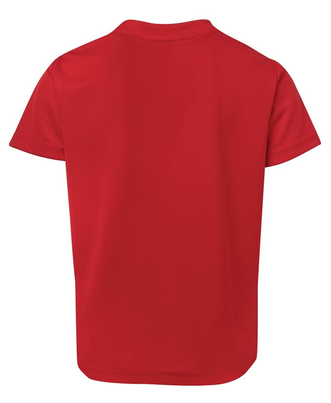 A red T-shirt with a plain back and short sleeves, featuring a logo on the neck.