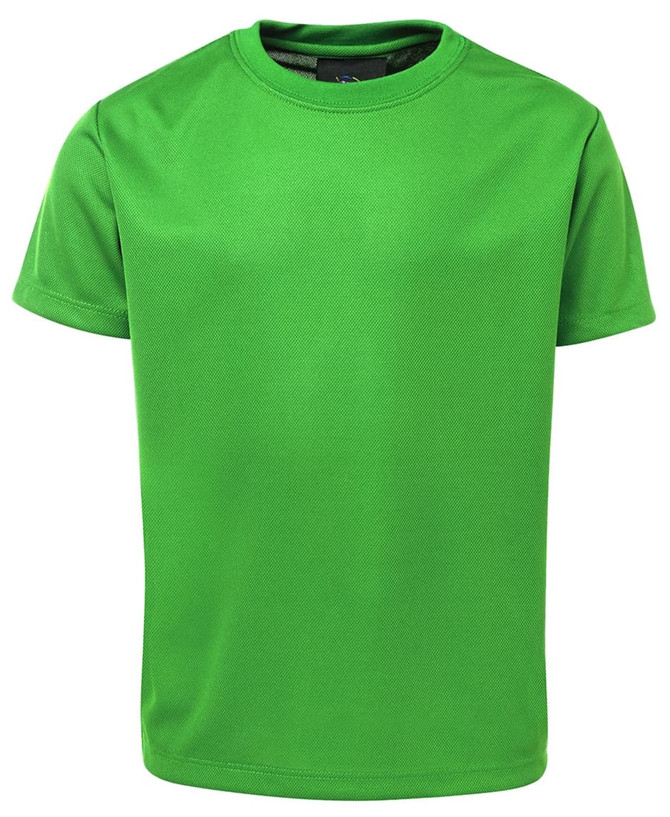A bright green T-shirt with short sleeves and a textured fabric. The shirt has a logo on the neckline.