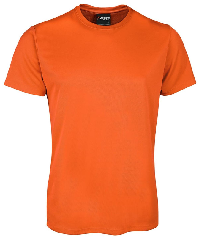 An orange T-shirt featuring a logo on the collar.