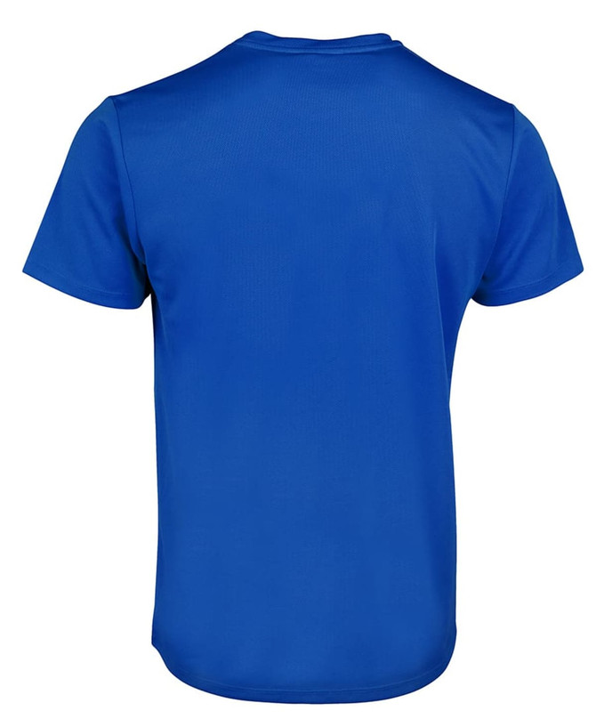 A blue t-shirt showcasing a smooth fabric texture and a simple design, featuring a branding logo.
