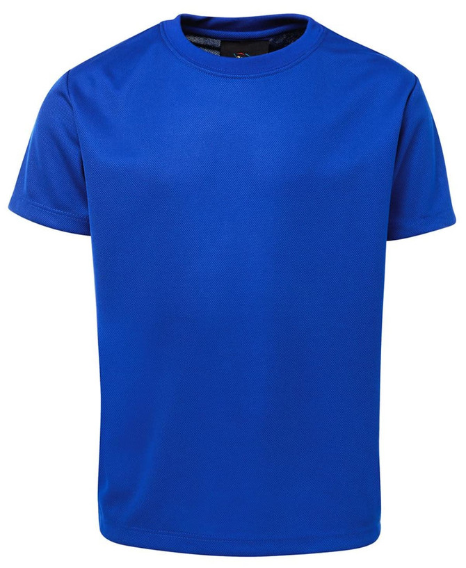 A blue T-shirt with a simple crew neck design and a logo on the label.