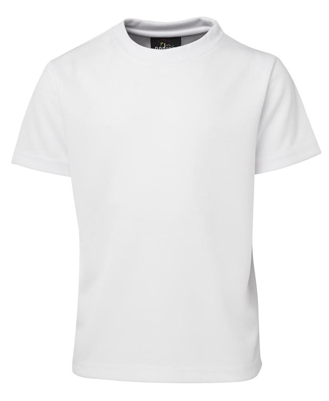 A white short-sleeved T-shirt with a round neck and a logo on the label.