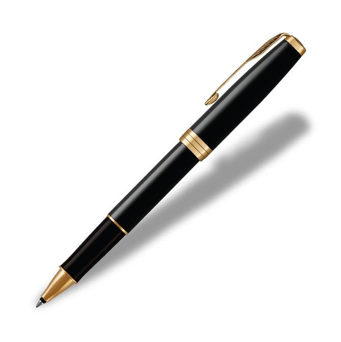 A black rollerball pen with gold accents and a branded clip, displaying a sleek and elegant design.