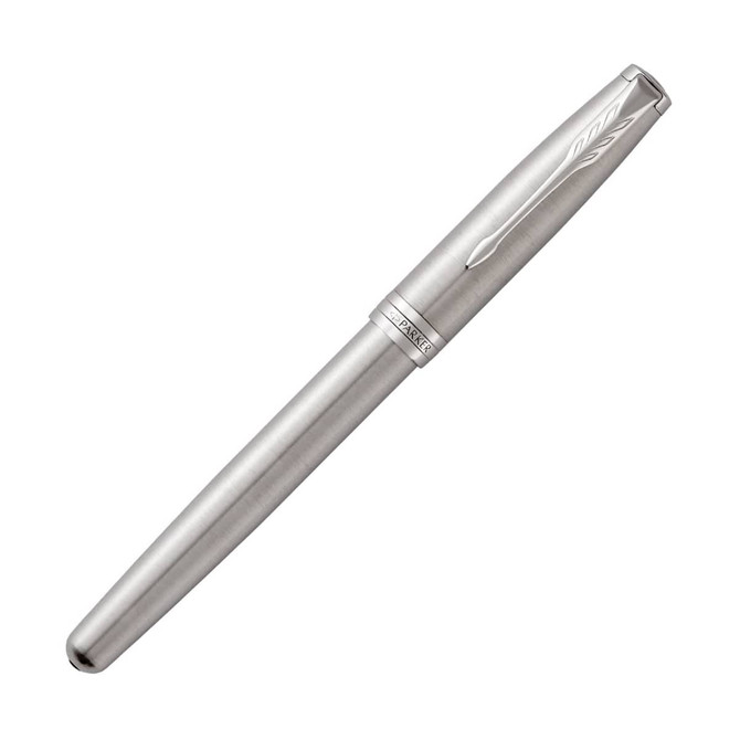 A brushed stainless steel rollerball pen with a sleek design and a brand logo on the clip.