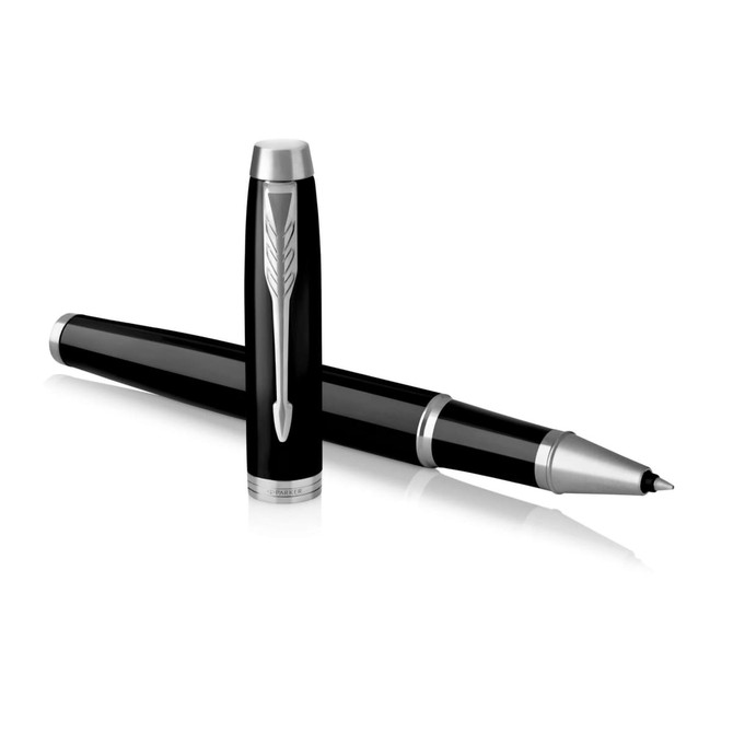 A metal rollerball pen in lacquer black with silver accents and a branding logo.