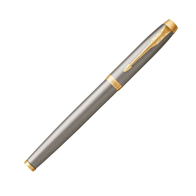 A metal rollerball pen in brushed stainless steel with gold accents, featuring a branding logo.