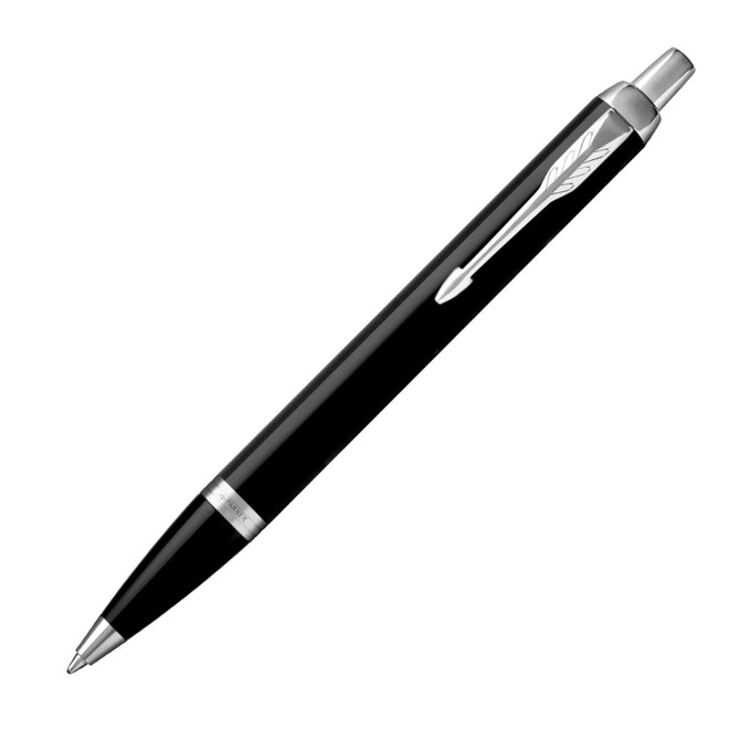 A ballpoint pen in lacquer black with silver details and a logo on the side.