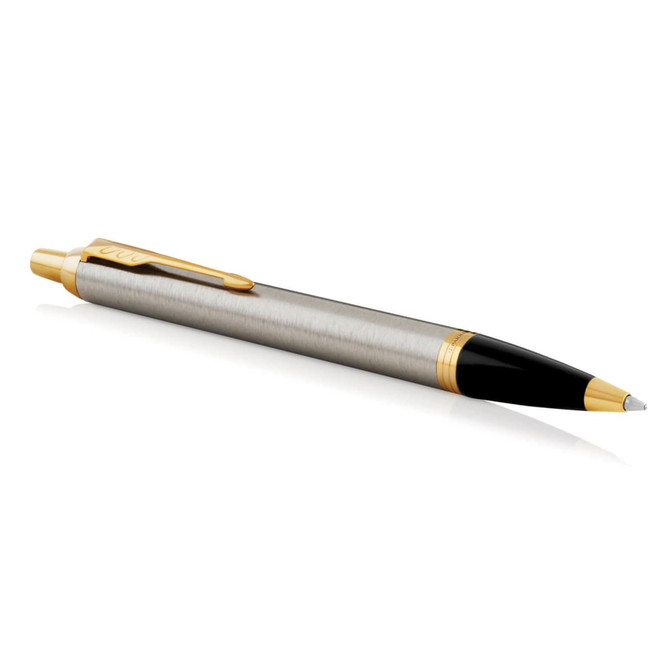 A brushed stainless steel ballpoint pen with gold accents and a black tip, featuring a branding logo.