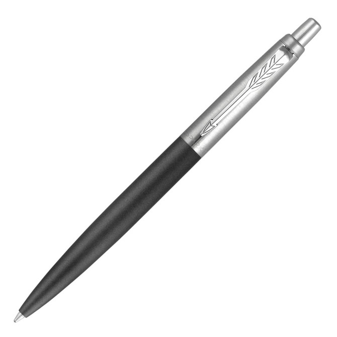 A ballpoint pen in matte black with a silver metal clip and logo on the barrel.