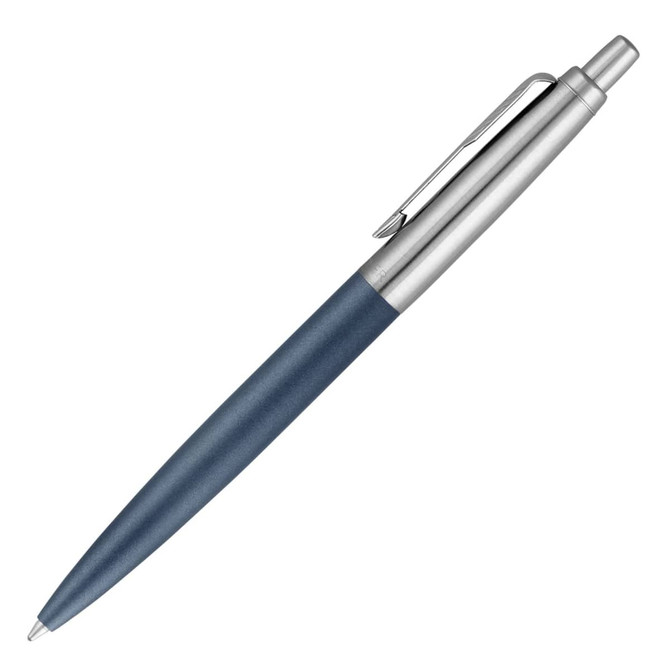 A ballpoint pen in matte blue with a silver clip and accent. The pen features a sleek design and branding.