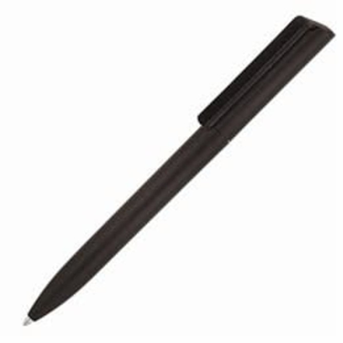A matte black ballpoint pen with a minimalist design, featuring a clip and a branding logo.