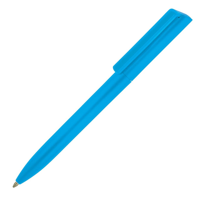 A plastic ballpoint pen in bright blue with a minimalist design. The pen has a smooth finish and a branding logo.