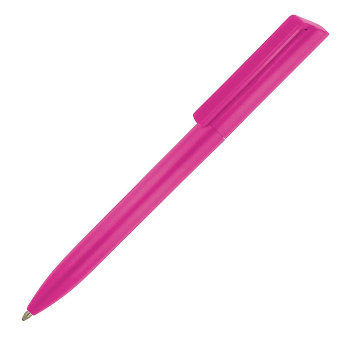 A pink minimalist ballpoint pen with a clip and smooth design. Features a simple logo on the body.