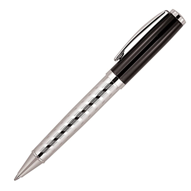 A sleek metal ballpoint pen with a black and silver design, featuring a glossy finish and a branding logo.