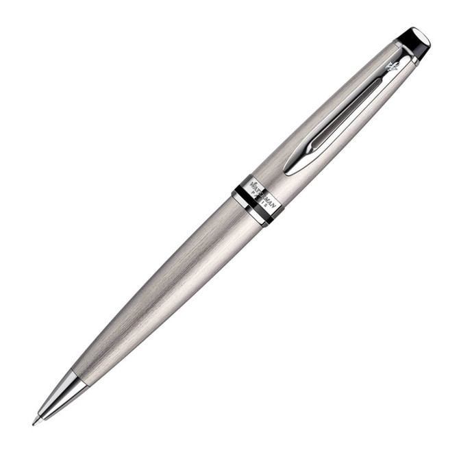 A ballpoint pen in brushed stainless steel with a polished silver clip and black accents. It features a branding logo.