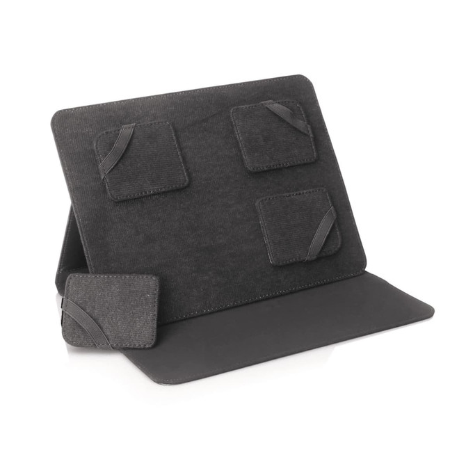 A black tablet folder featuring multiple storage pockets and a stand. It has a sleek, textured finish.