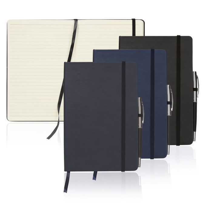 A collection of A5 executive notebooks in black, navy, and dark grey, featuring elastic bands and pens.