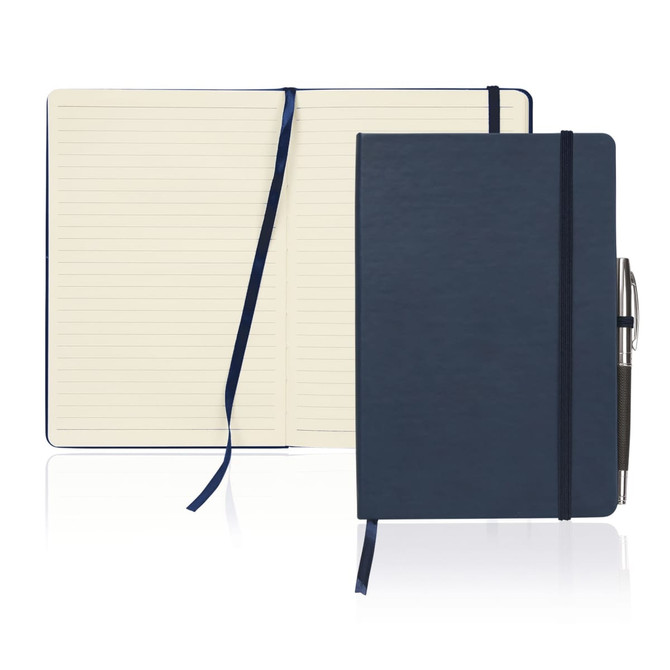 A navy A5 executive notebook journal with a smooth cover, lined pages, and an elastic band closure.