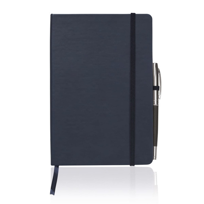 A dark blue A5 executive notebook journal with an elastic band and a silver pen attached.