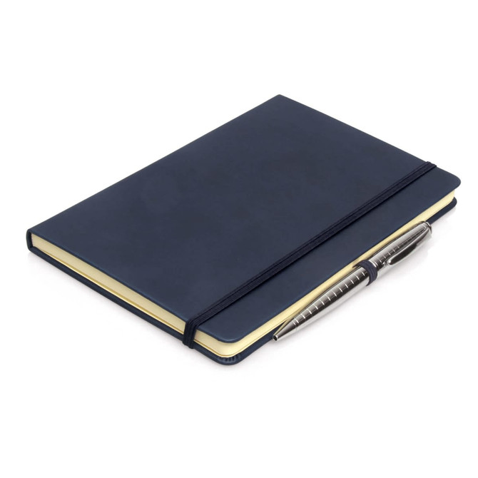 An A5 executive notebook in navy blue with an elastic band and a silver pen.