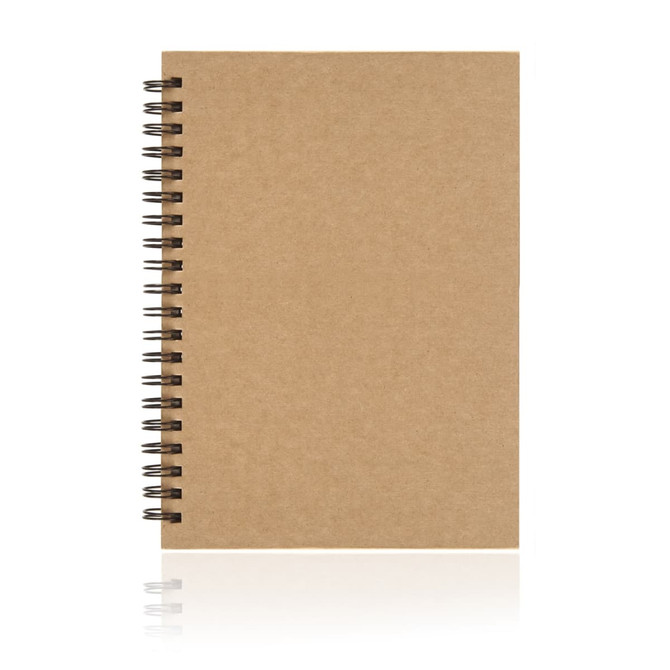 An A5 notebook made from stone paper, featuring a spiral binding and a brown kraft cover. It has a logo on the front.
