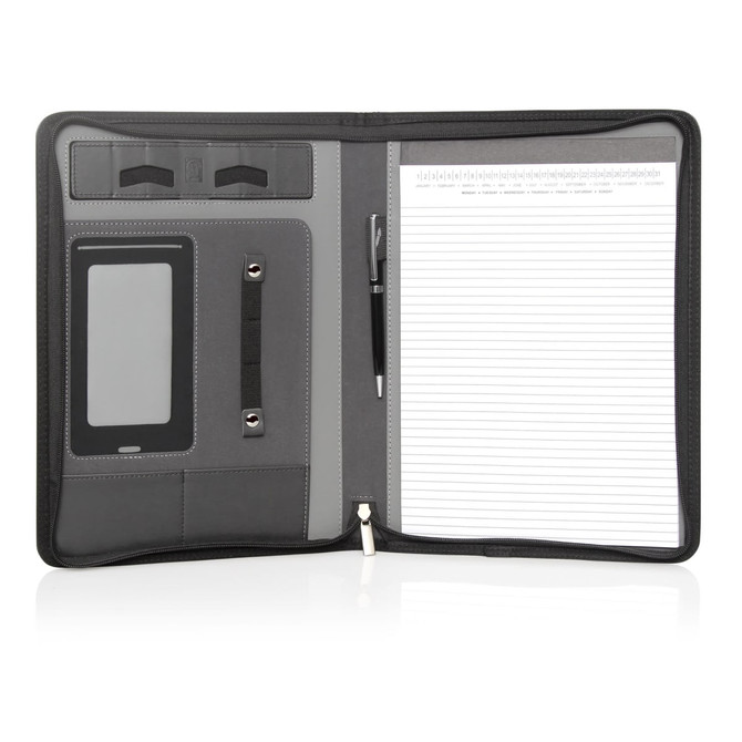 A black A4 executive tech zipper portfolio featuring a notepad, pen, and various compartments for organisation.
