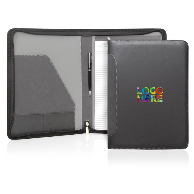 A black executive zipper binder with a pen, notepad, and pockets for documents. It features a logo on the front.