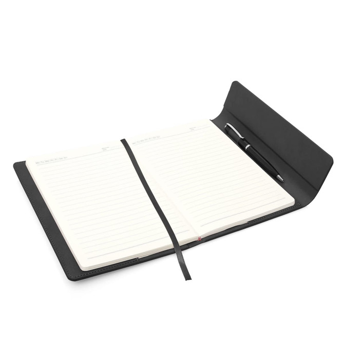 A notebook journal with a leather-look black cover, magnetic closure, and lined pages inside, featuring a pen holder.