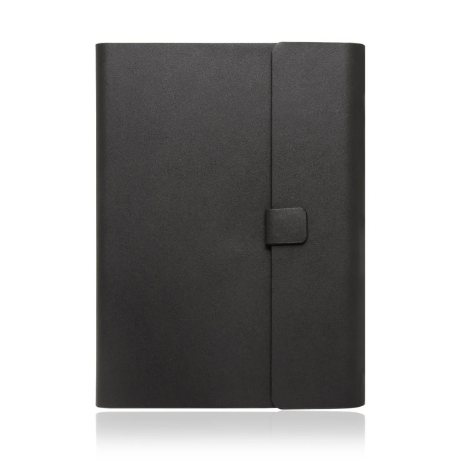 A black A5 notebook journal with a leather look and a magnetic closure. It features a logo on the front.
