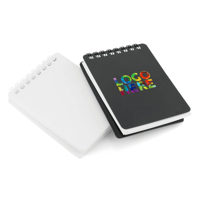 Aspiral-bound A7 notepad set, featuring a black notepad with a colourful logo and a white notepad.