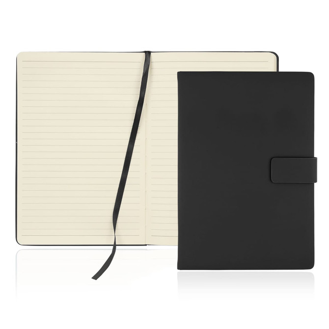 A black A5 notebook journal with a magnetic closure and a ribbon bookmark, featuring lined pages inside.
