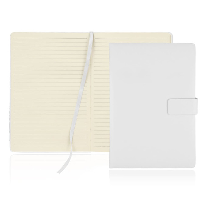 A white A5 notebook journal with a magnetic closure and lined pages inside. It includes a ribbon bookmark.