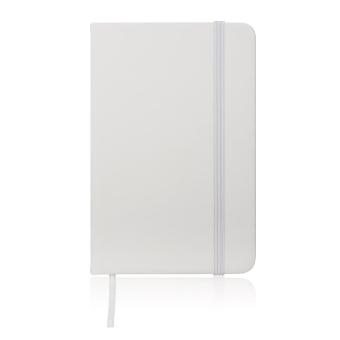 A grey A6 notebook journal with a sleek leather-look cover and an elastic band. It features a ribbon bookmark and has a logo.