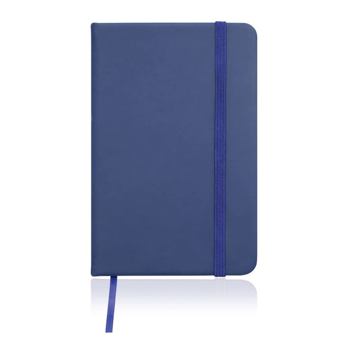 A navy blue A6 notebook journal with a leather-look finish and an elastic band closure. It features a ribbon bookmark and a logo.