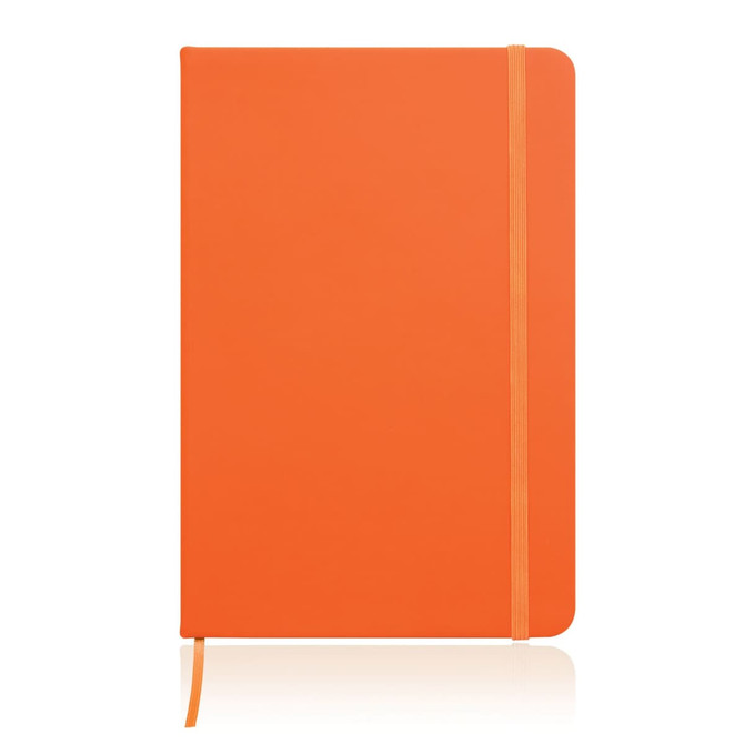 A notebook journal in a vibrant orange leather look with an elastic band closure and a ribbon placeholder.