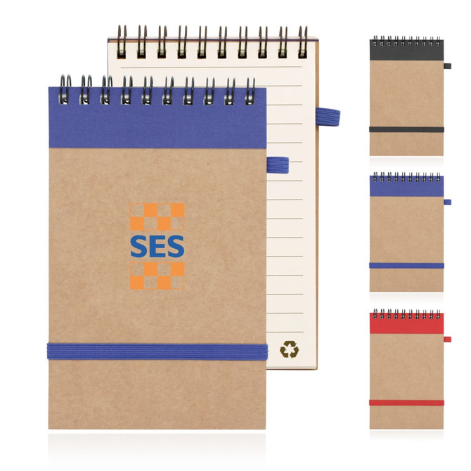 A recycled paper spiral bound notepad with a brown cover, featuring a logo and coloured elastic bands in various hues.
