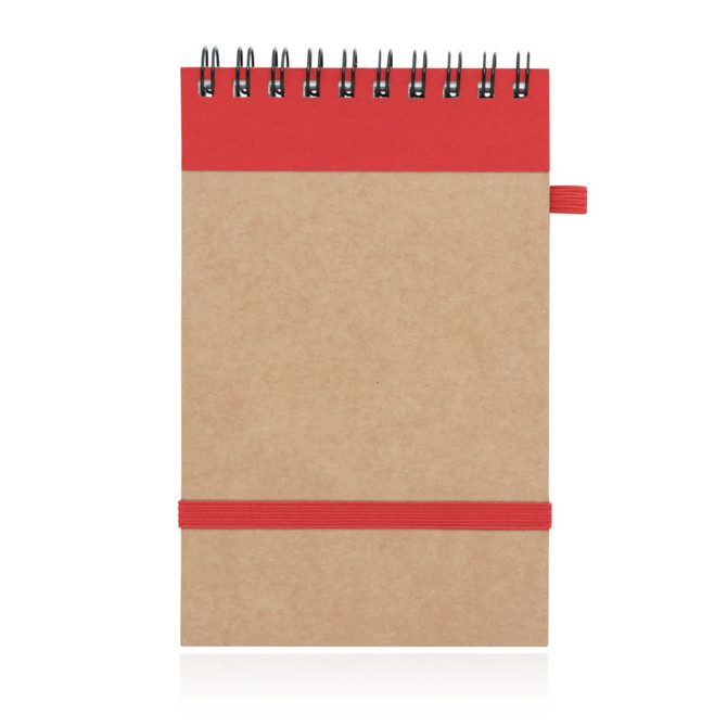 An eco notepad made of recycled paper, featuring a brown cover with a red top and a red elastic band.