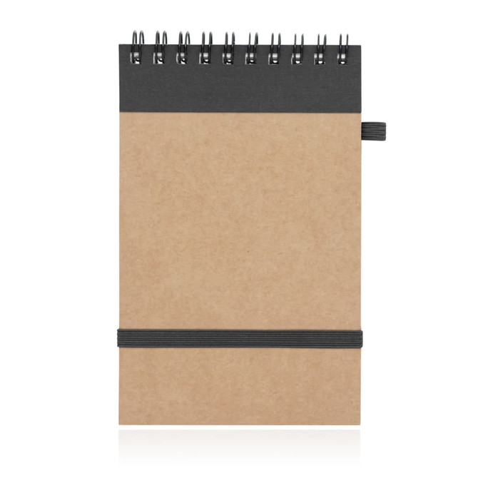 A spiral-bound notepad in brown recycled paper, featuring a black top section and an elastic band for closure.