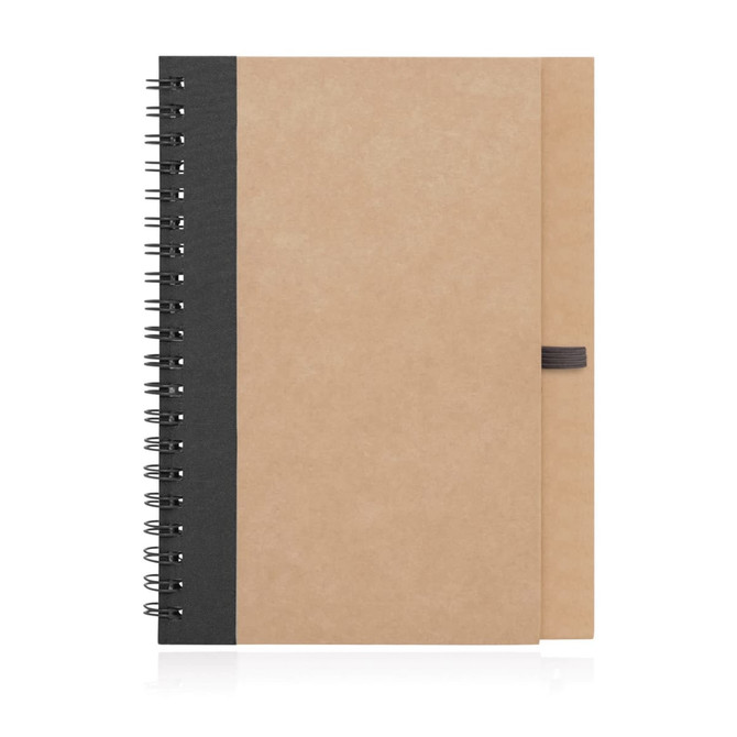 A recycled paper spiral-bound notebook with a kraft cover and black spine. It features an elastic closure and a logo.
