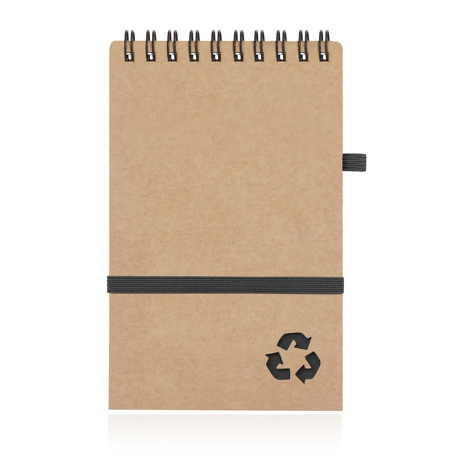 A spiral-bound notepad made from recycled paper, featuring a brown cover and a black elastic band.