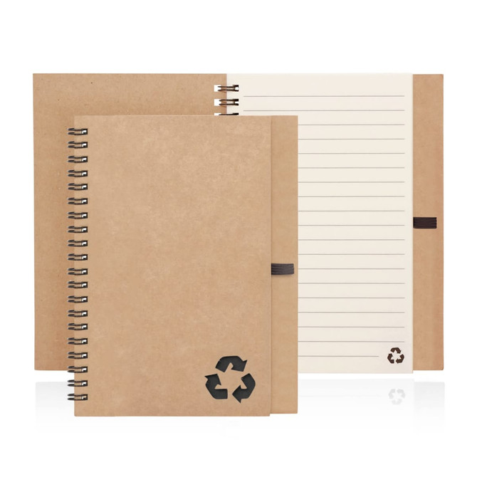 A spiral-bound notebook made from recycled paper, featuring a brown kraft cover and lined pages inside.