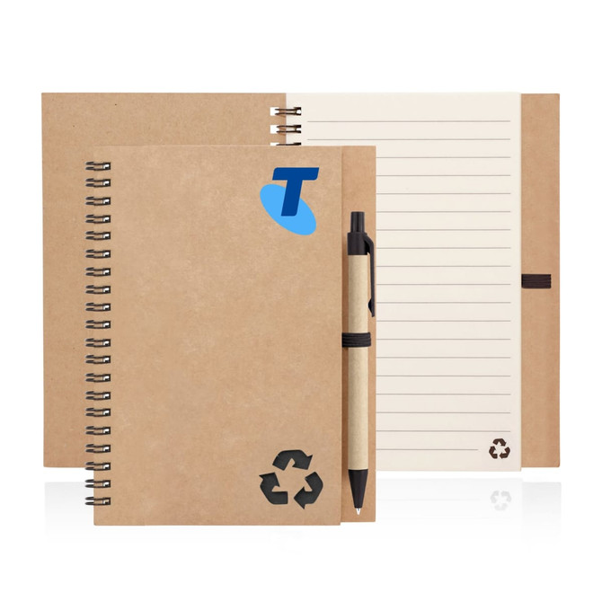 A recycled paper spiral-bound eco notebook in a light brown colour, accompanied by a pen and featuring a logo.