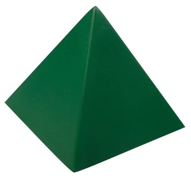A green stress shape pyramid with a smooth surface and pointed top. It features a branding logo.