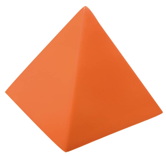 An orange pyramid-shaped stress relief toy with a smooth surface and a branding logo.