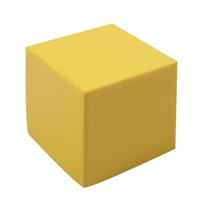 A yellow stress shape cube with a smooth surface and rounded edges, featuring a branding logo.