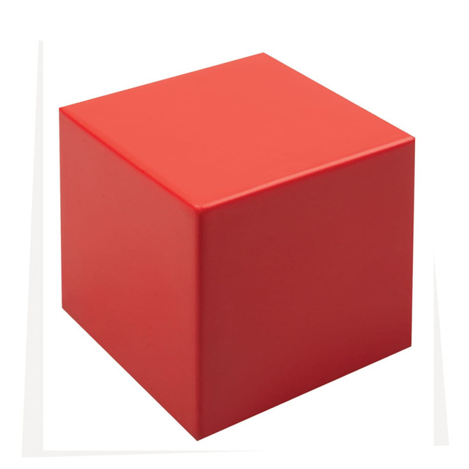 A red stress shape cube with a smooth finish and a solid structure. The product has a logo on one side.